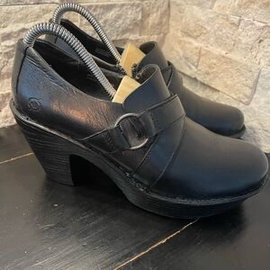 Born Dollie Black Leather Heel Clog Platform Shoes Ring Harness Zip Up Size 9